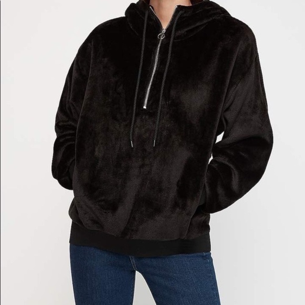 Express One Eleven Black Fleece velour Quarter-Zip Sweatshirt with hood